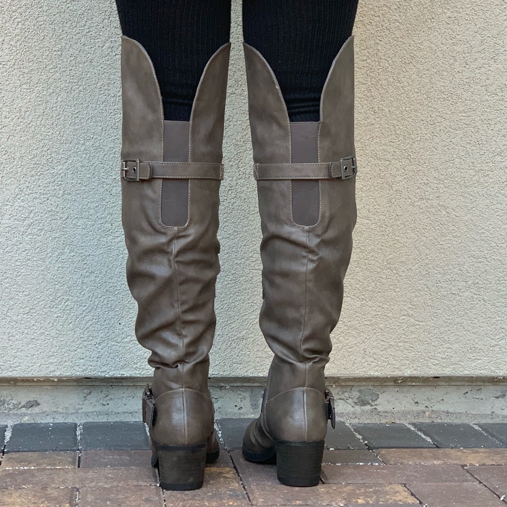 NIB Taupe Over The Knee Ruched Buckle Riding Boots - Picture 5 of 8